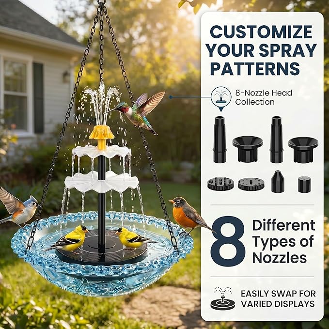 Solar Cascade Hanging Bird Bath Fountain, Solar Fountain Pump with 8 Nozzles, Hanging Bird Bath with Water for Outdoors Garden Patio Backyard Lawn Decor (Blue)