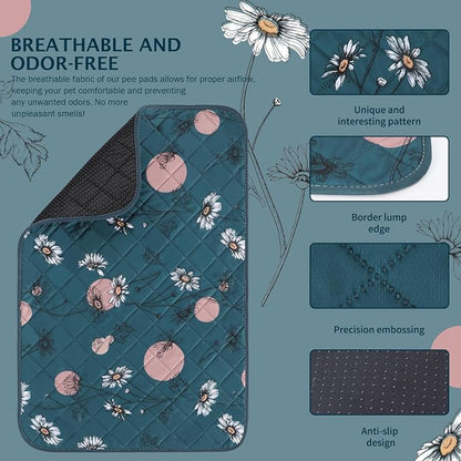 IEUUMLER Washable Pee Pads for Dogs, 1 Pack Non-Slip & Waterproof Pack Whelping Pad, Reusable Washable Puppy Potty Training Pad with Fast Absorbent for Playpen EU007 (Navy Blue Daisy, 63"X63"-1pcs)