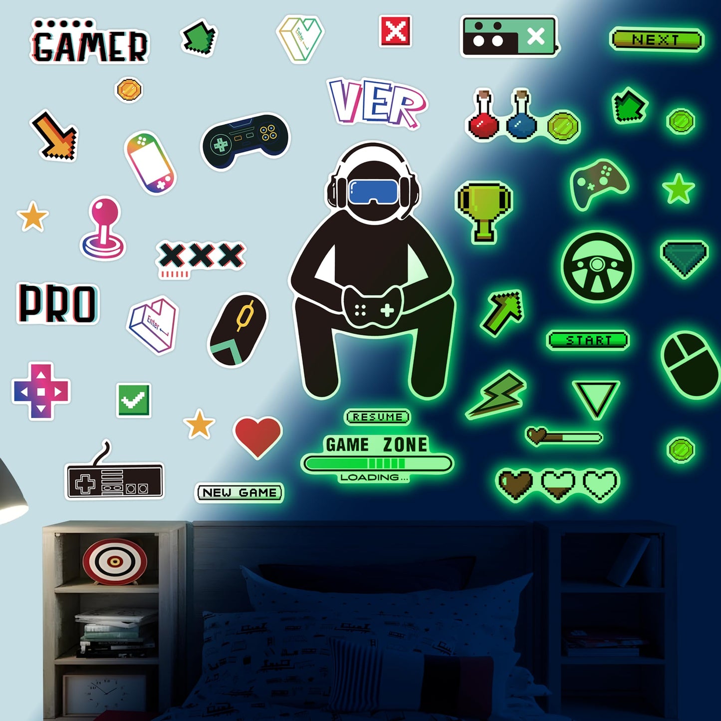 Glow in The Dark Gamer Wall Stickers, Game Controller Joystick Video Gaming Wall Decals, Boys Baby Kids Bedroom Playroom Room Decor Nursery