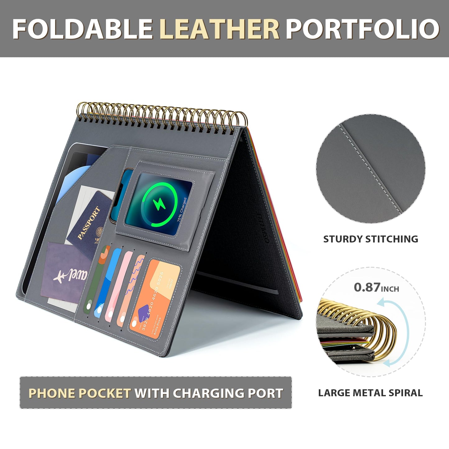 Ospelelf Clipboard with Storage for Men Women, Leather Padfolio Portfolio Organizer 5 Folders with 10 Pockets, Spiral Clipboard Folio with Notepad for Letter Size, Elastic Closure and Pen Loop Grey