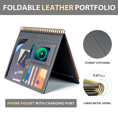 Ospelelf Clipboard with Storage for Men Women, Leather Padfolio Portfolio Organizer 5 Folders with 10 Pockets, Spiral Clipboard Folio with Notepad for Letter Size, Elastic Closure and Pen Loop Grey