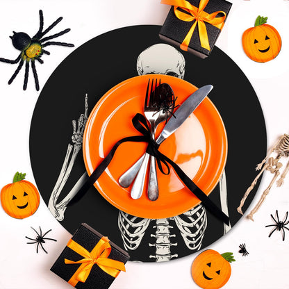 JarThenaAMCS 50Pcs Halloween Paper Placemats Smiling Skeleton Dinner Mats Black Disposable Round Table Mats for Trick or Treat Party Table Setting