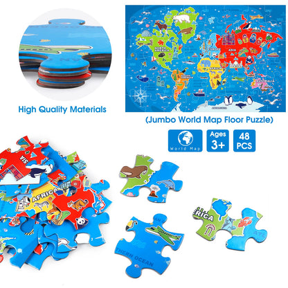 Jumbo Floor Puzzle for Kids,World Map Jigsaw Geography Puzzles,48 Piece Globe Atlas Puzzle with Continents,United States Puzzle for Ages 3-5,Preschool Learning Toys Easter Gift for 4-8 Years Old