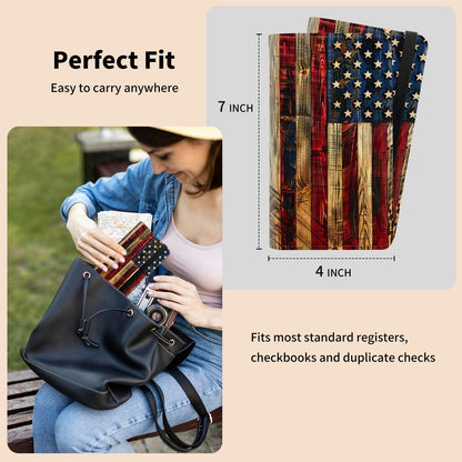 ACWDMKH Leather Checkbook Cover for Men Women Personal Checkbook Holder RFID Blocking Check Book Holder Cover for Duplicate Checks,with A Pen,American Flag Wood