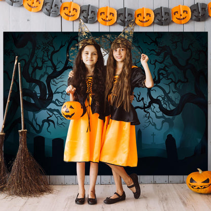 7 x 5 FT Halloween Backdrop - Large Dark Night with Moon, Tombstones Forest Design Wall Hanging Background Spooky Photography Photo Booth Props for Indoor Outdoor Garden Haunted Party Decorations