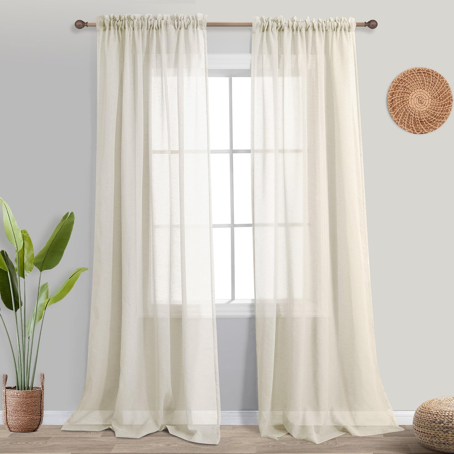 KOUFALL Cream Beige Sheer Curtains 84 Inches Long,Linen Look Semi Light Filtering Shabby Chic Curtains for Living Room Bedroom