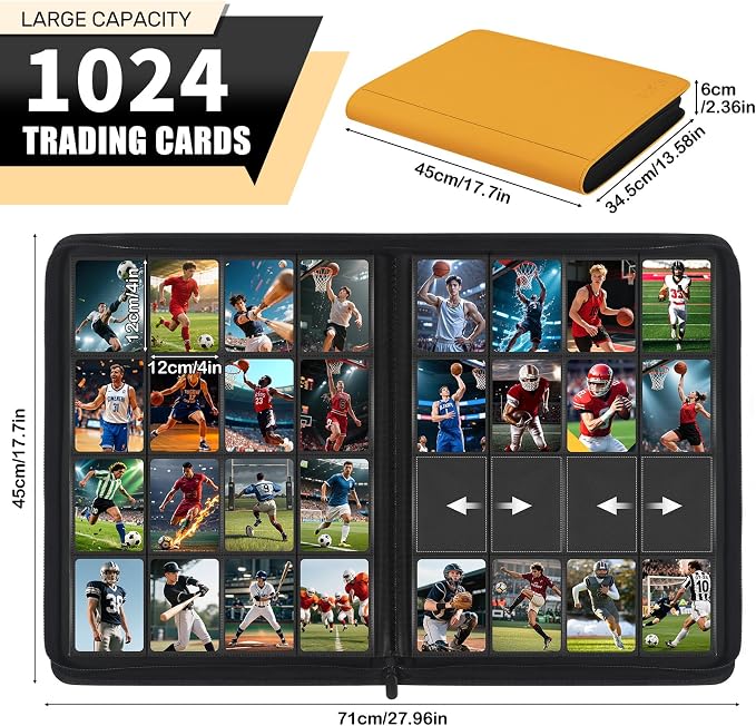 1000+ Pockets Trading Card Binder, 16 Pocket Zipper Binder Card Album, 32 Pack Double-sided Side Loading Non-Ring Card Binder, Card Holder Folders for MTG, TCG, Game Cards & Sports Cards, Yellow