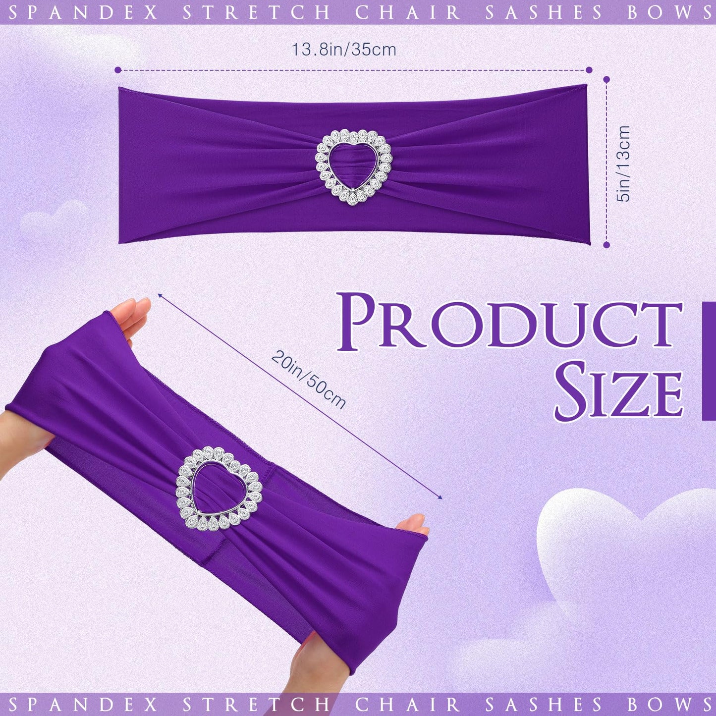 VitalCozy 100 Pcs Spandex Chair Sashes with Heart Shaped Buckle Slider Stretch Chair Cover Band Universal Elastic Ties for Wedding Banquet Event Party Decoration(Purple)