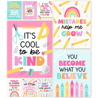 Hadley Designs Motivational Poster for Classroom Decor - 9 Growth Mindset Classroom Posters Elementary, Inspirational Wall Decor Middle School, Teacher Must Haves, Pastel Bulletin Board Decorations