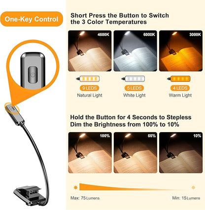 Gritin 9 LED Rechargeable Book Light for Reading in Bed - Eye Caring 3 Color Temperatures,Stepless Dimming Brightness,80 Hrs Runtime Small Lightweight Clip On Book Reading Light for Studying