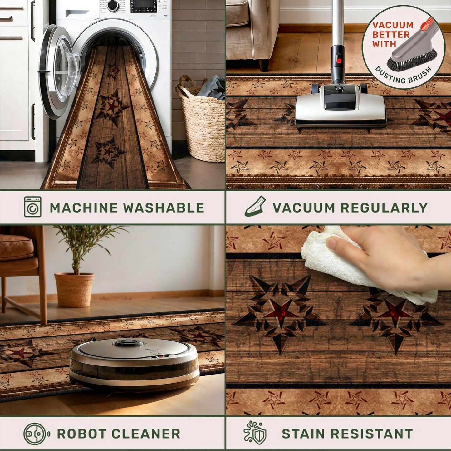 ZLXMN Machine Washable Western Runner Rug,2x6ft,Farmhouse Entrance Runner Rug,Black and Brown Star Hallway Rug Thin Indoor Runner Rugs with Rubber Backing Floor Mat Suitable for Kitchen Bedroom