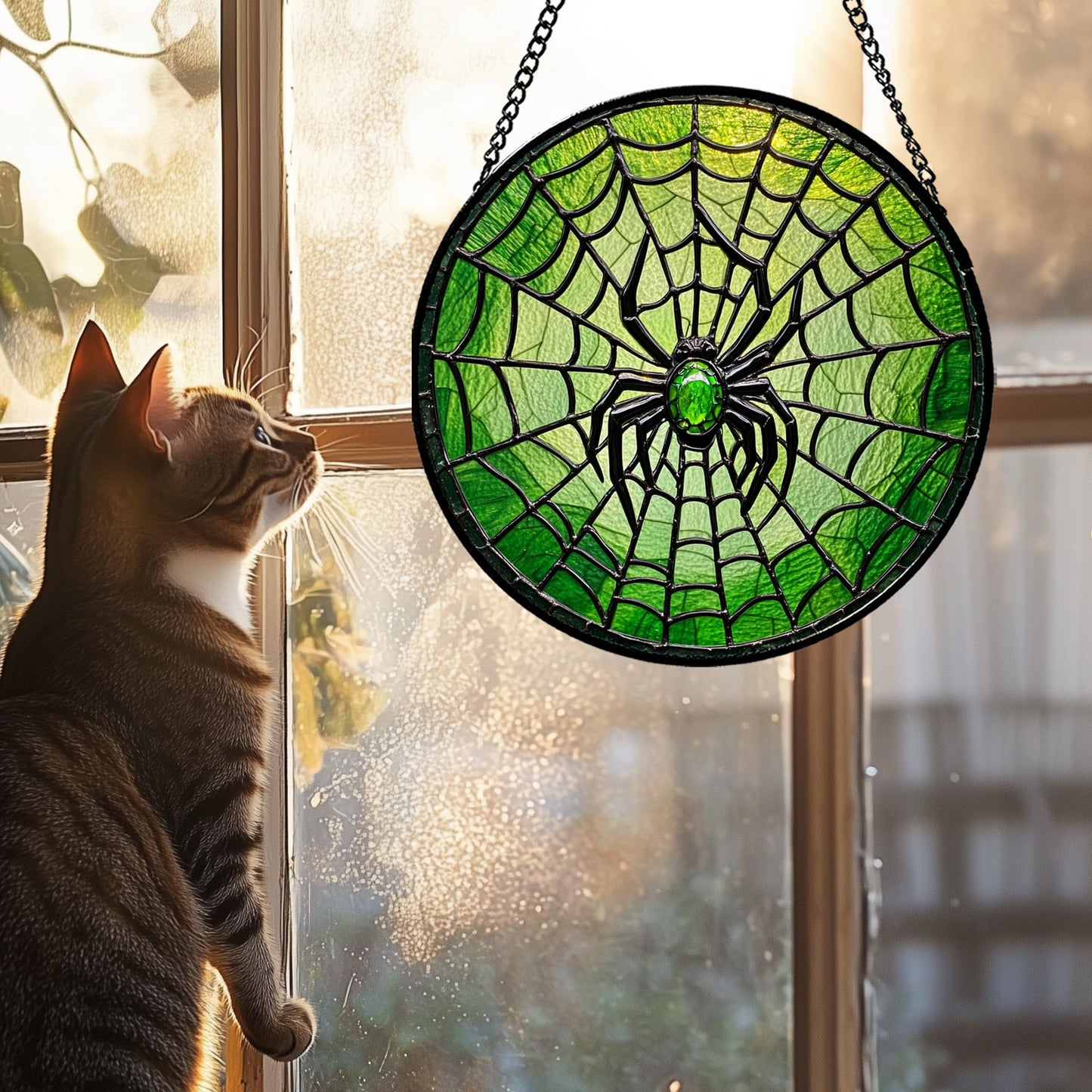 CRISGIF Stained Glass Window Hanging - Black Green Horror Spider Web Suncatcher for Doors Garden Patio Sun Catchers Decor Christmas Halloween Birthday Gifts for Women Men Mom Nana Friend 7.8 in