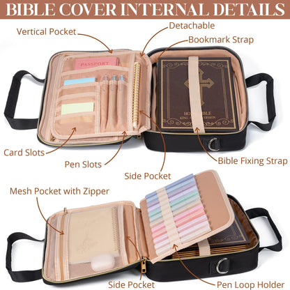 Bible Cover Case for Women, Large Bible Bag w/Shoulder Strap, Bible Study Supplies Journaling Kit Book Carrying Case with Accessories Pastel Highlighters 75 Tabs, Christian Gifts for Women Mom Friends