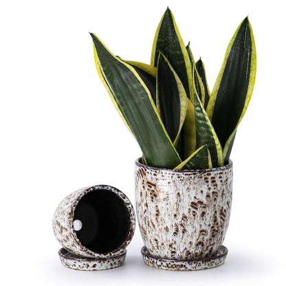 4+5.75 Inch Ceramic Planter Set of 2 with Drainage Hole and Saucer for Plants, Indoor-Outdoor Large Round Succulent Orchid Flower Pot -Reactive Glaze Speckled(Inner-pots not Larger Than 5 Inch)