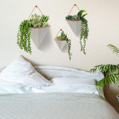 Rtteri 15 PCS Gray Wall Hanging Planter Set with Artificial Succulents, 3 Ceramic Geometric Wall Planters in 3 Sizes, Modern Indoor Decor for Living Room Bathroom Office