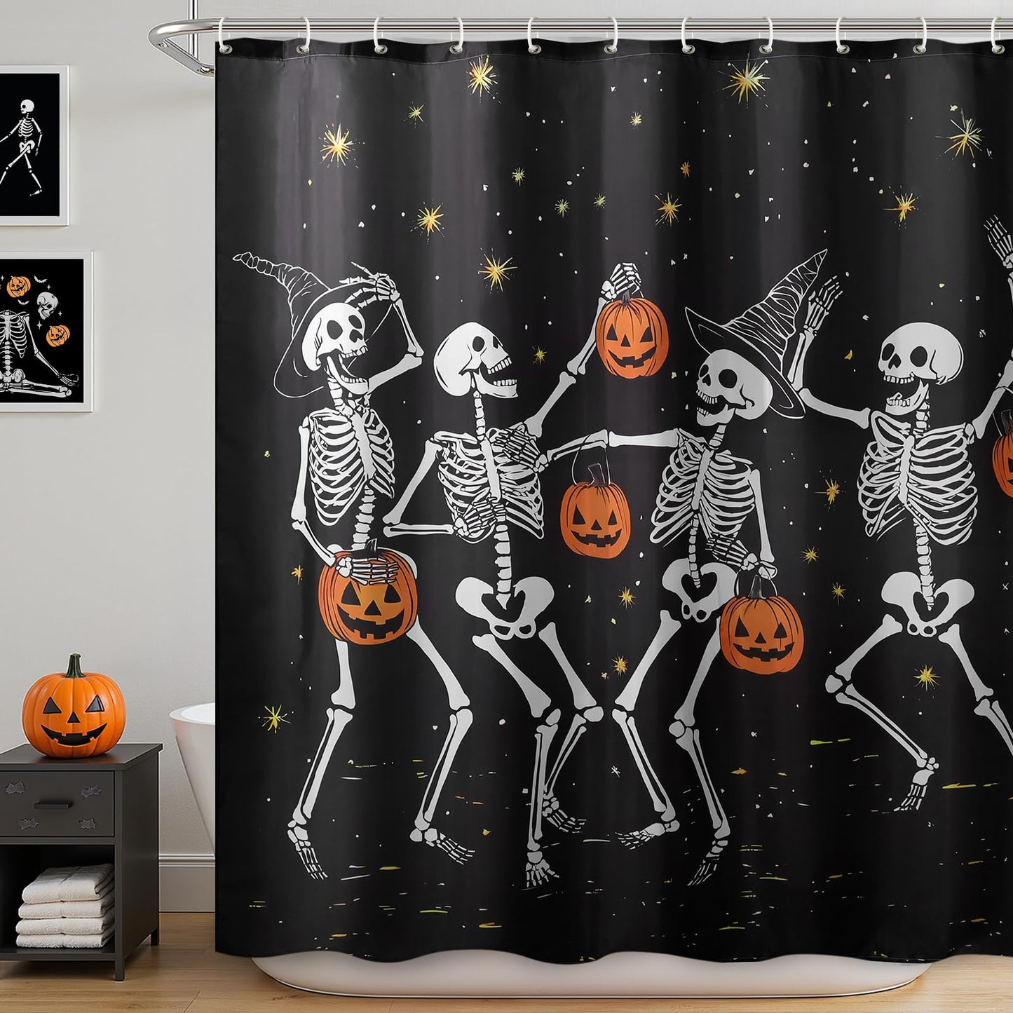 Halloween Shower Curtain: Spooky Dancing Ghosts with Pumpkins Halloween Shower Curtain Set with Hooks, Scary Skull Skeleton Bathroom Decorations for Window Home Farmhouse Indoor Decor, 72' x 72'