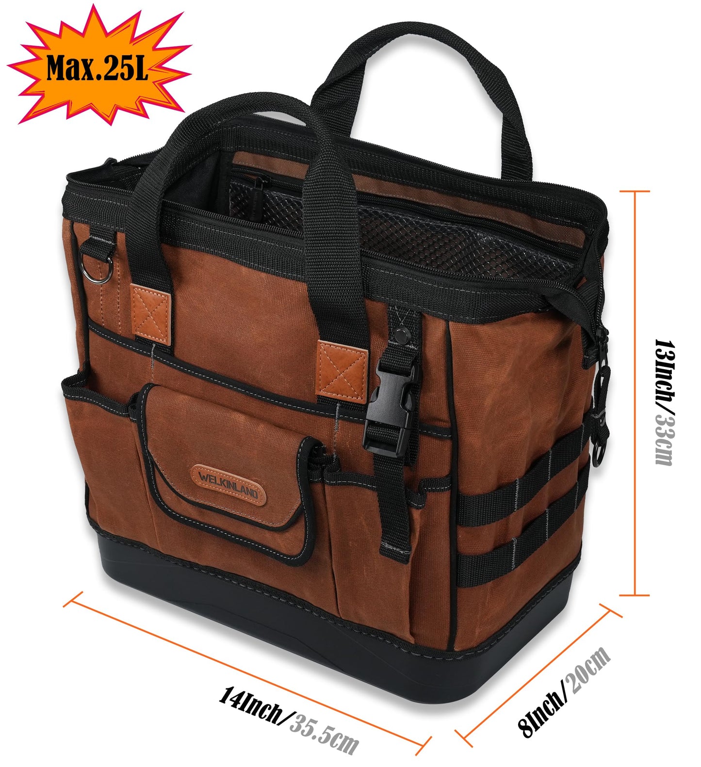WELKINLAND 22-Pockets Hard Bottom Tool Bag, 14-Inch Waxed Canvas Tools Bag, 25L Heavy Duty Electrician Bags, HVAC Service Bags, Mechanic, Technician Tool Bag