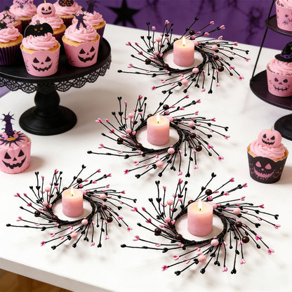 4 Pcs Pink Halloween Mini Candle Ring Wreaths Black Twig & Pink Buds with Bead Accents Artificial Pillar Candle Holder Wreath for Spooky Cute Gothic Home Cabinet Table Porch Decoration