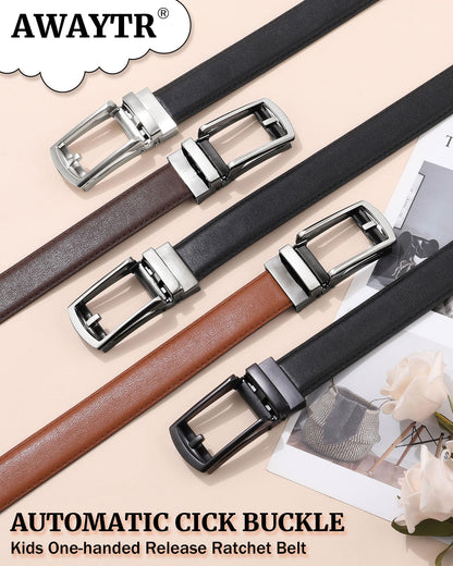 AWAYTR Boys Ratchet Belt for Kids - Brown and Brown Leather Belts for Dress Pants Uniform Jeans (80cm,Gunmetal-Brown)