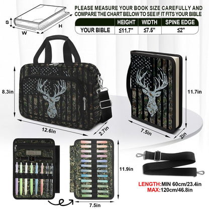 IBOVODI Camo Bible Case Covers, Large Bible Tote Bag Book Cover Study Supplies with Shoulder Strap Handle Zippered Pocket for Men Women (American Flag Deer)