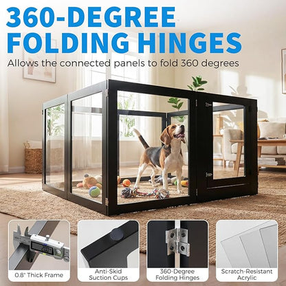 Heavy Duty Clear Acrylic Dog Playpen for Small/Medium Pets – 32" High Clear Pet Pen with Sturdy Metal Frame (Black, 2 Extended Panels)