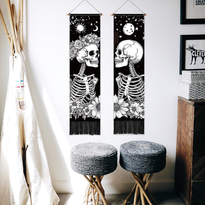 PLIGREAT 2 Pack Skull Long Tapestry Aesthetic Black and White Skeleton Wall Hanging with Tassels Sun Moon Tapestry for Bedroom Bathroom Living Room Long Narrow Wall Hanging Home Art Decor