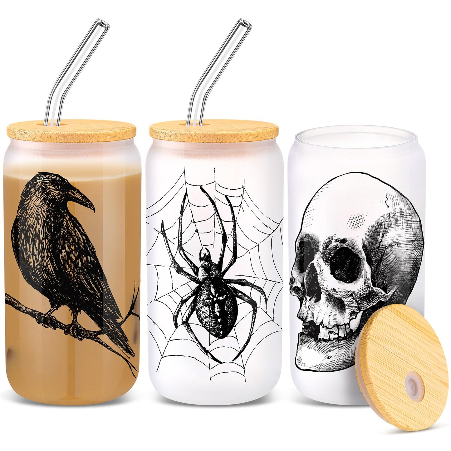 SiliFine 3 Pcs Gothic Christmas Spooky Drinking Party Glasses 16 Oz Goth Spider Web Skull Crow Iced Coffee Cups With Lid Straws Christmas Birthday White Elephant Gifts For Girls Friends