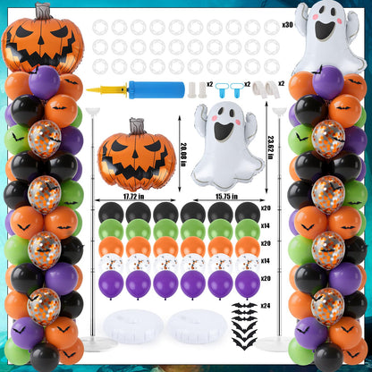 2 Sets Halloween Balloon Column Stand Kit 3.3 X 6.6 ft Photo Backdrop With Ghost Pumpkin Balloon Black Orange Purple Green Balloons with Bases for Halloween Day Theme Party Decorations