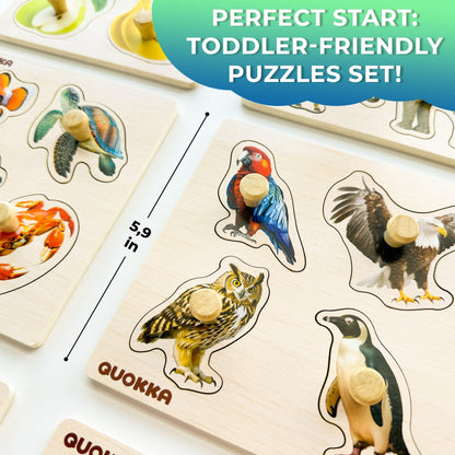 QUOKKA Wooden Puzzles for Toddlers 1-3 – 6 Pegged Puzzles for Kids Ages 2-4 – Animal and Fruits Learning Toy for Kids – Gift Realistic Educational Game for Boy and Girl