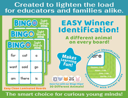 Bright Seed Sight Words Bingo Game for Kindergarten, Learn to Read Sight Word Cards, Word Games for Kids Ages 4-8, Bingo Sight Words Level 1&2, Laminated for Easy Clean