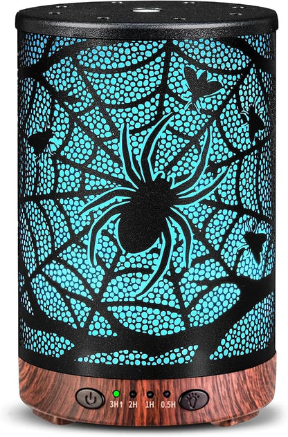Essential Oil Diffuser 120ML Metal Aromatherapy Diffuser with Timer, Cool Mist Humidifier with Auto Shut-Off & 7 Color Lights for Home Office Spa (Spider Web)