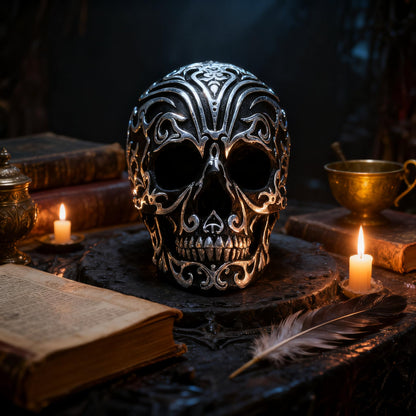 Kreovaor Gothic Skull Head Home Decor - 5.2 Inch Gothic Skeleton Skull Decor with Silver Patterns, Halloween Skull Decoration for Home, Office Desk, and Spooky Party Decor