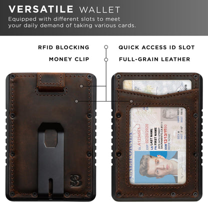 SERMAN BRANDS Metal Wallet - Slim RFID Blocking Wallet for Men with Money Clip - Metal Minimalist Front Pocket Wallet - Thin and Compact – Full Grain Leather Card Holder for Men - Texas Brown Raptor