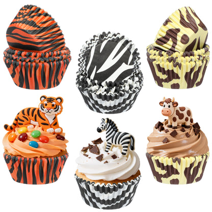 Glavatrix 300PCS Animal Print Cupcake Liners Zebra Tiger Cow Print Standard Size Muffin Cupcake Wrapper Paper Baking Cups for Zoo Safari Baby Shower Jungle Animal Theme Birthday Party Candy Cake Decor