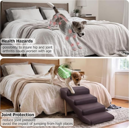4-Step 18" H Dog Stairs for Bed Couch, Waterproof & Scratch PU Leather Pet Steps for Small Senior Dogs and Cats, Dog Ramp with 220 lbs Maximum, Oak Leg & Solid Wood, Non-Slip Feet,Brown