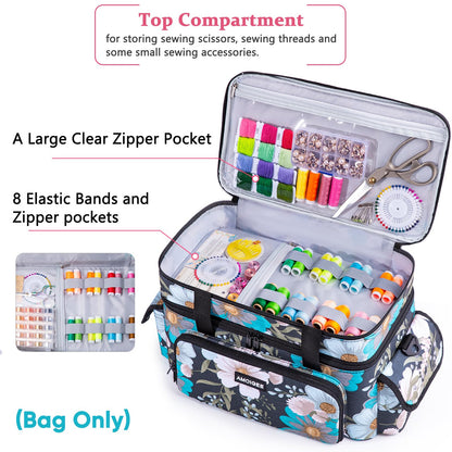 AMOIGEE Large 15" Double-Layer Sewing Storage Bag with Detachable Diviers – Large Sewing Organizer with Shoulder Strap, Elastic Loops for Sewing Supplies, Tools & Accessories
