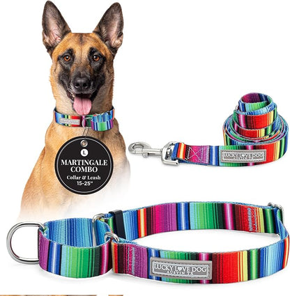 Lucky Love Dog Martingale Dog Collar & Leash - Adjustable, No-Slip, Durable, Comfortable, Soft Webbing, & Stylish Patterned Collar & Leash Set for Male and Female Dogs - Nacho Combo, Large