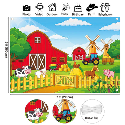 Farm Barn Backdrop 7x5ft - Red Barn Farmhouse Animals Backdrop for Birthday Animals Theme Party Decorations Cartoon Farm for Kids Children Baby Shower Newborn Truck Car Background Photography Banner