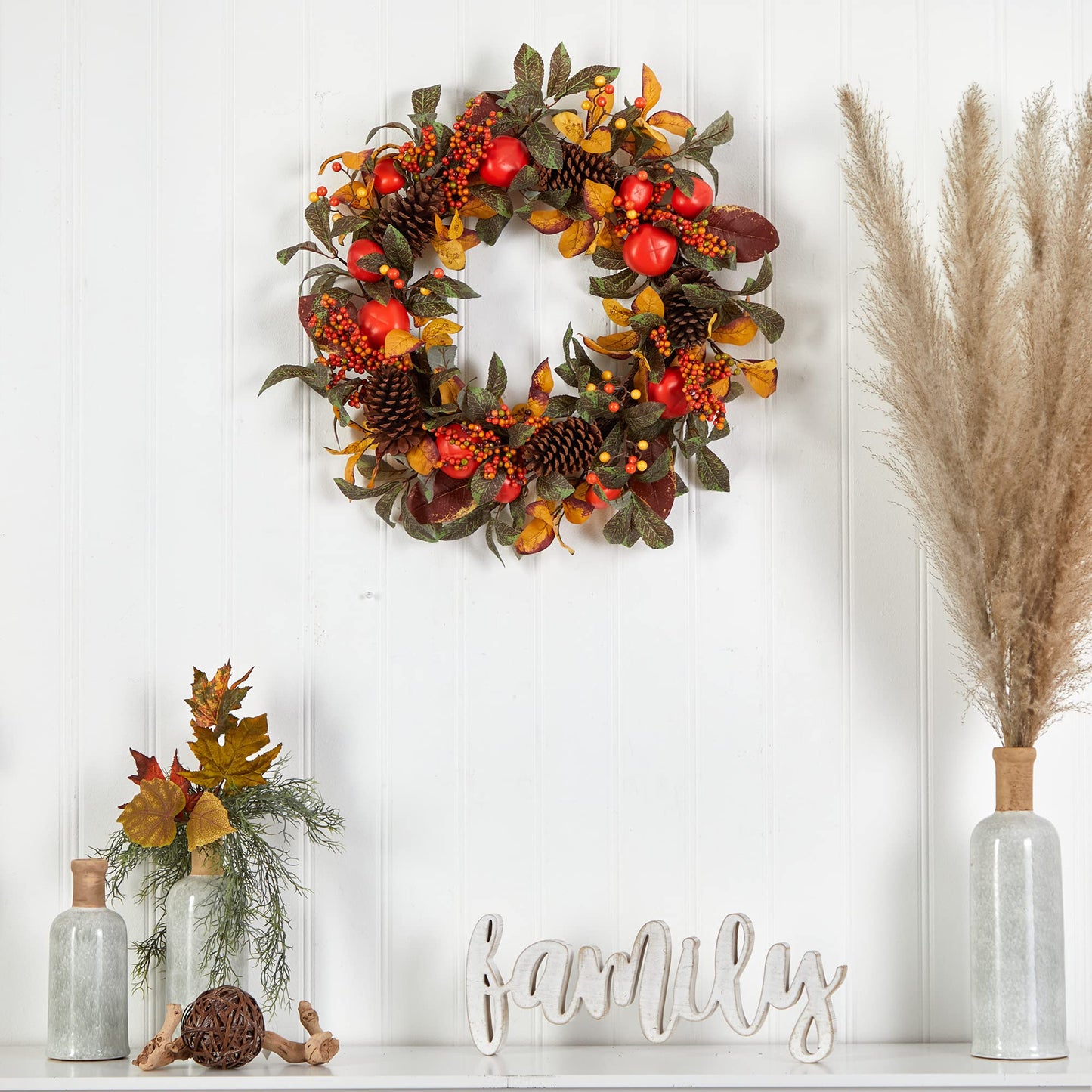 Nearly Natural 26in. Autumn Persimmon and Pinecones Artificial Fall Wreath