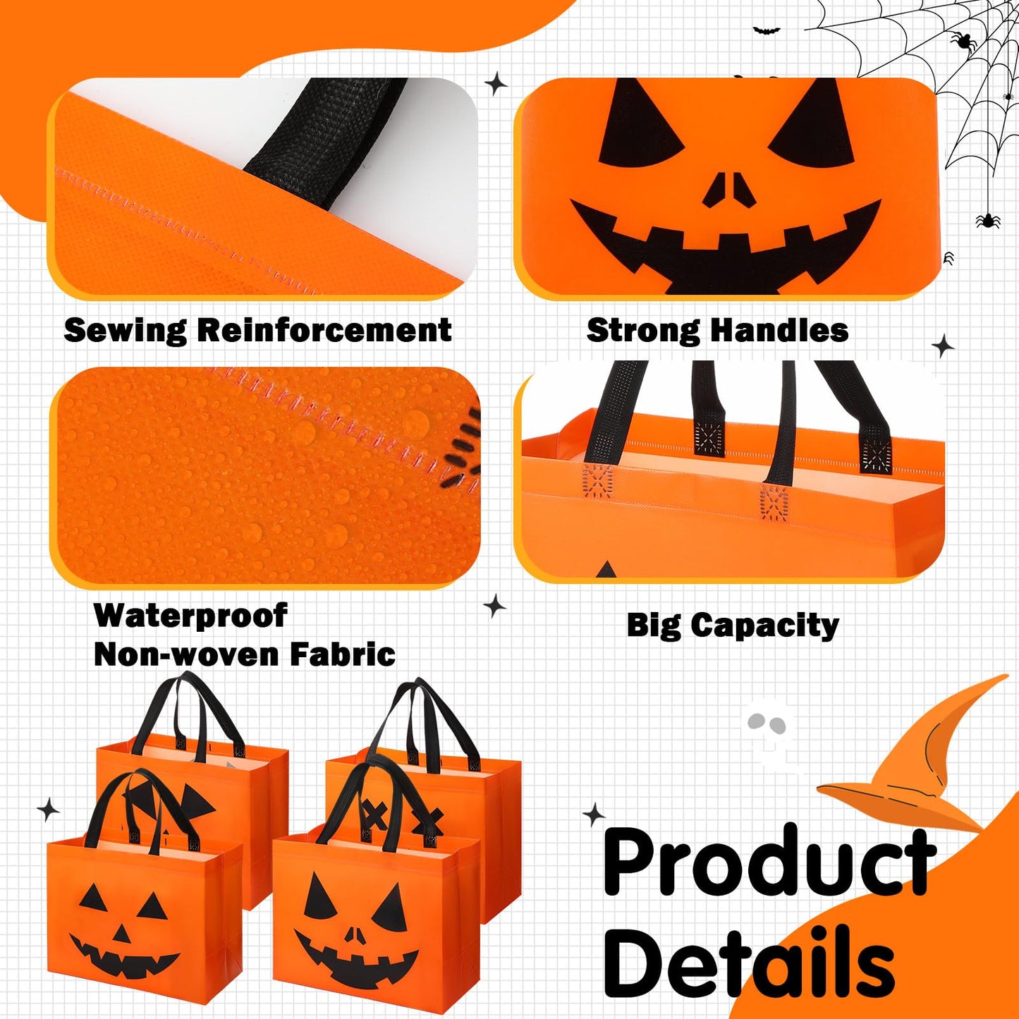 Lincia 48 Pcs Halloween Non Woven Pumpkin Bag 12.6 x 9.8 Inch Reusable Trick or Treat Gift Candy Goodie Handles Bag for Halloween Birthday Party Favors Classroom
