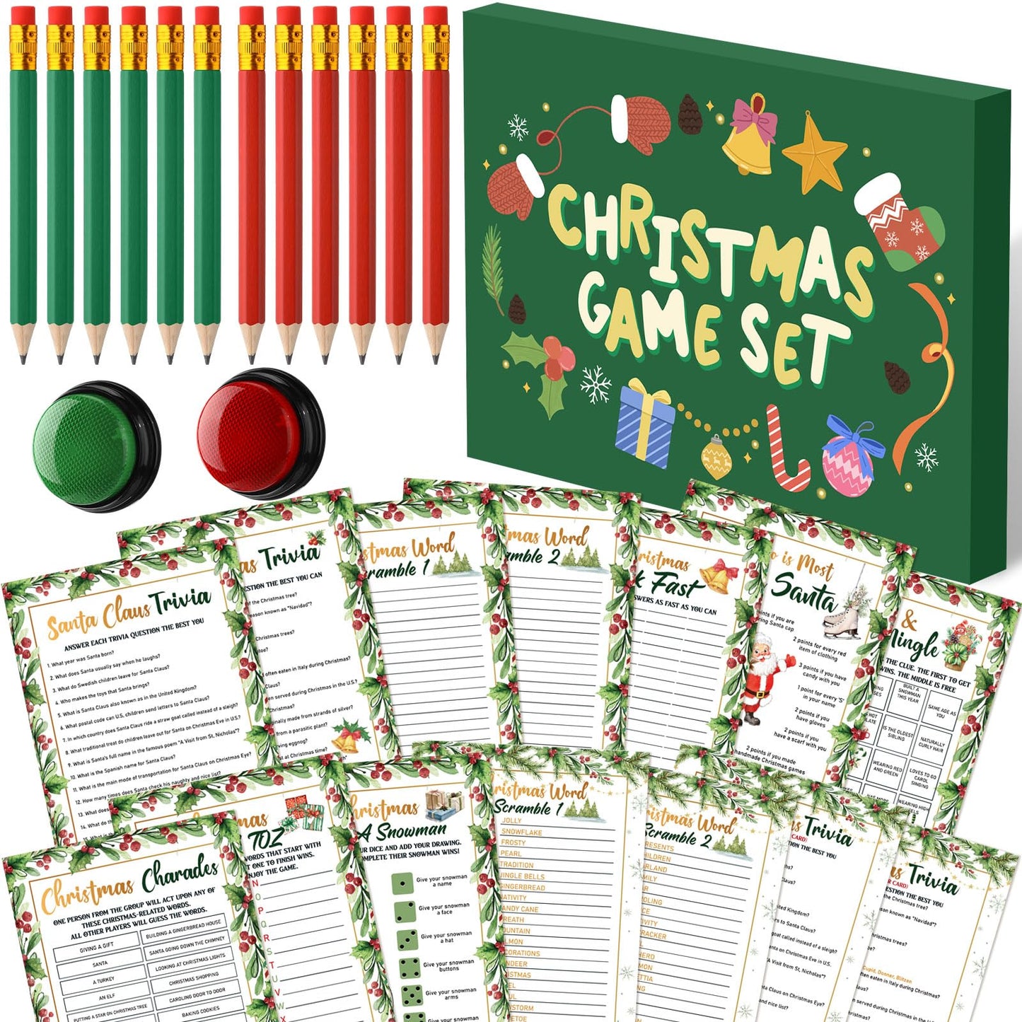 Fullhawl 124 Pcs Christmas Trivia Games Cards with Buzzers and Answer Pencils Bulk Christmas Family Game Cards for Adults Friends Large Group Festival Guessing Activity Holiday Party(Flowers)