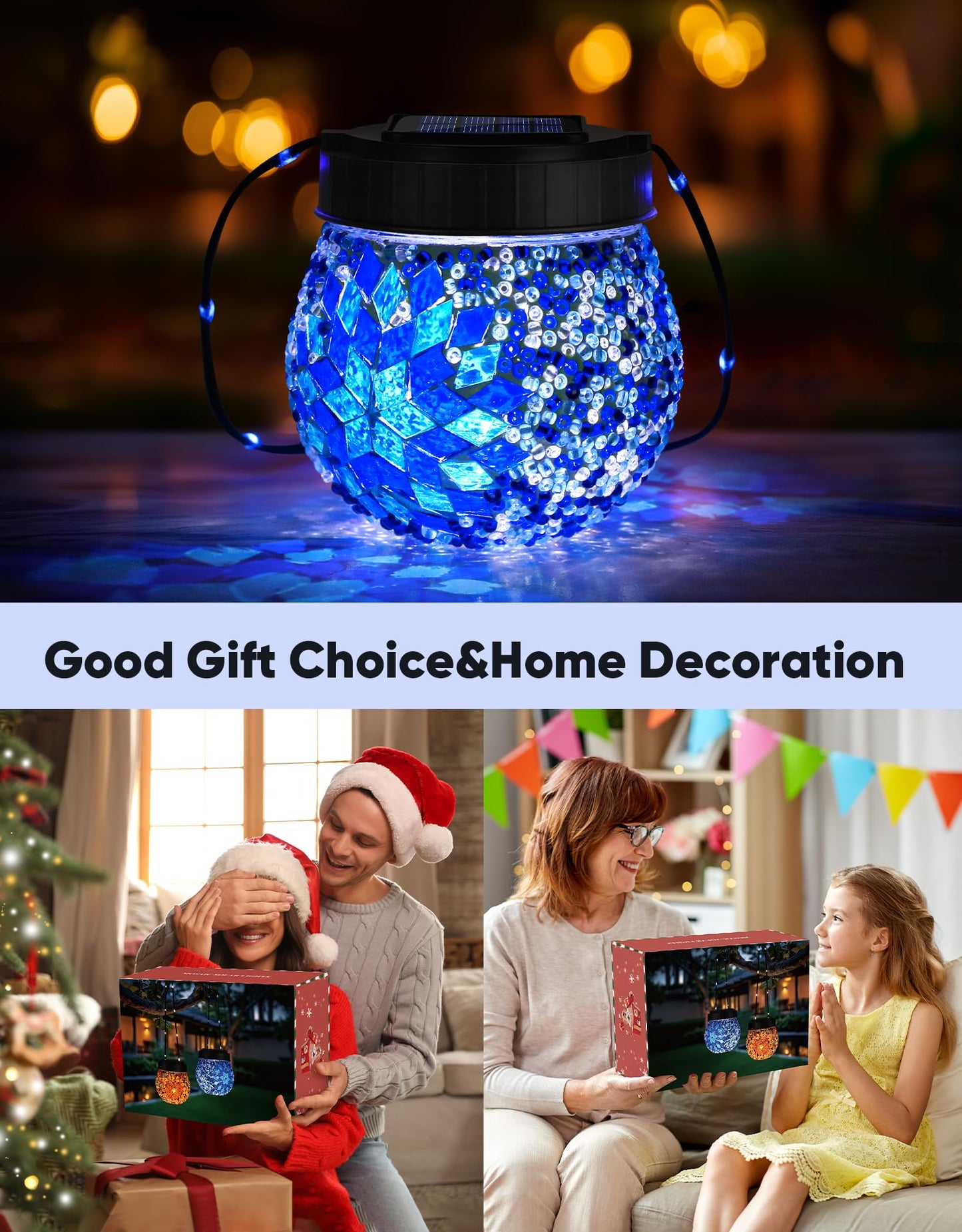 Mosaic Solar Lights Outdoor 2 Pack, Solar Hanging Lanterns Christmas Halloween Gifts for Women Mom Grandma, Waterproof Glass Globe Lights, Garden Patio Decor for Yard, Tree, Balcony, Cold