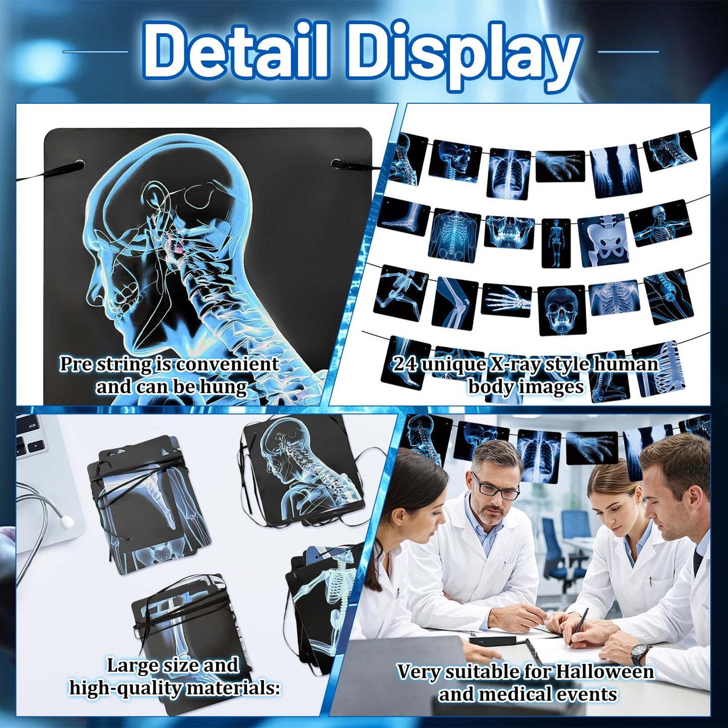 4 Strings X-Ray Skeleton Banner Decorations, Pre-Strung Medical Radiology Anatomy Garland with 24 X-Ray Body Part Images for Doctor Nurse Graduation, Halloween Party, Clinic Classroom Science Décor