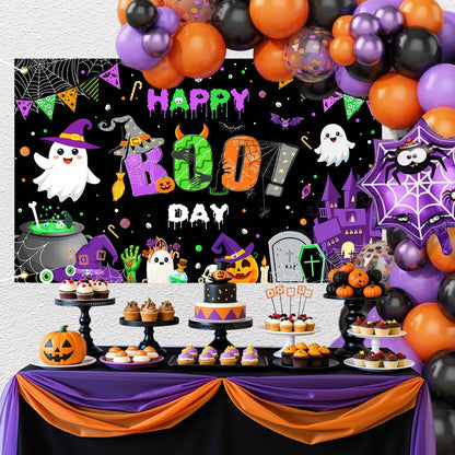 Mocsicka Happy Boo Day Banner Backdrop Halloween Happy Birthday Banner Purple Cute Ghost Happy Boo Day Halloween Birthday Decorations Photo Booth Props 70.8x43.3(inch)