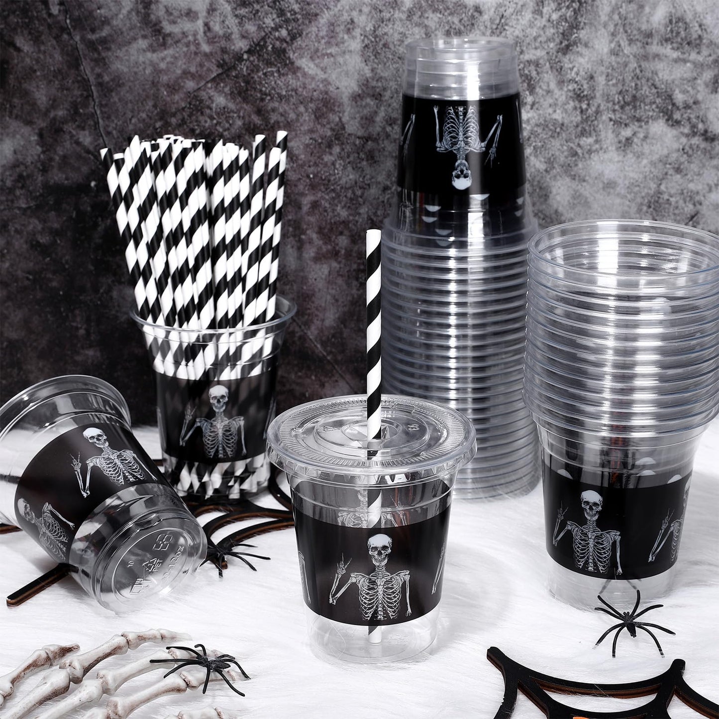 JarThenaAMCS 50Pcs Halloween Disposable Plastic Cups with Lids and Straws 12oz Funny Skeleton Cold Beverage Drinking Cups for Birthday Goth Party Supplies