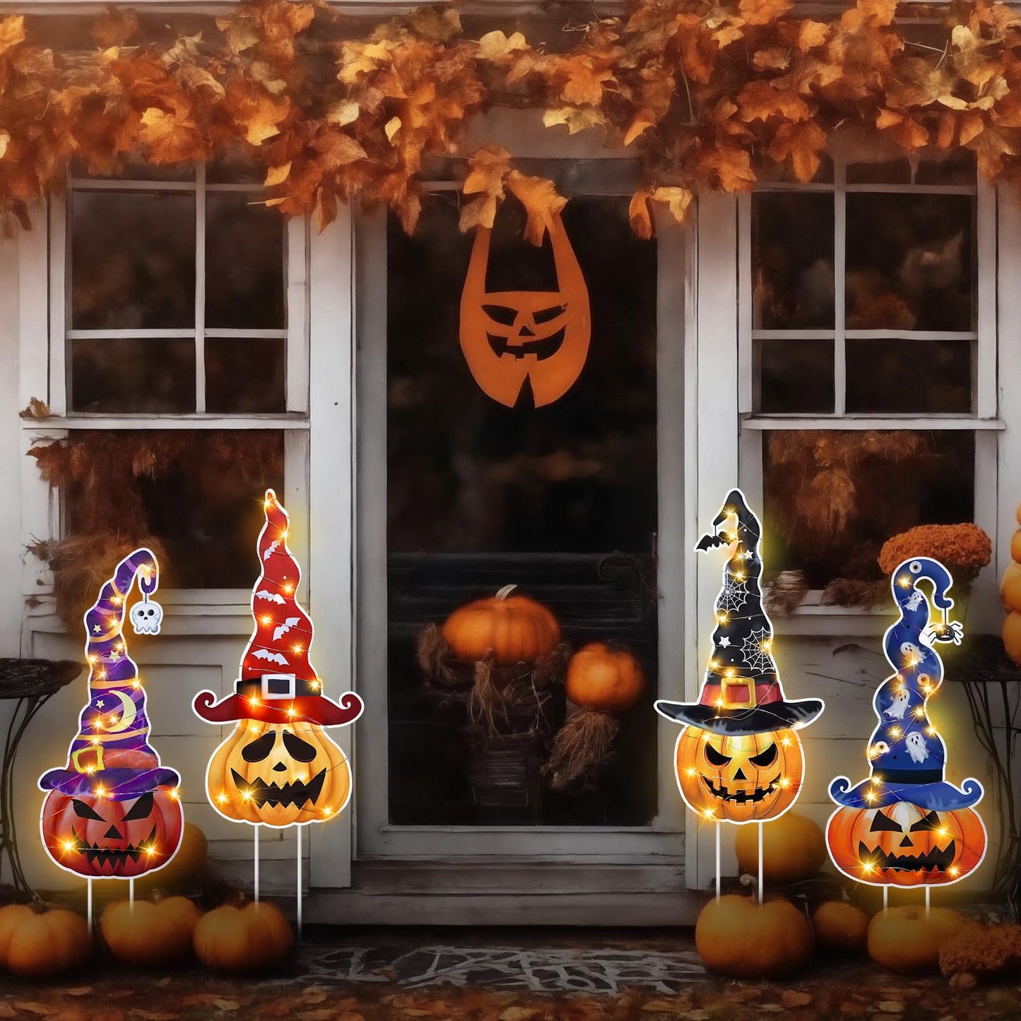 Leinuosen 4 Set Halloween Yard Signs, Pumpkin Garden Stakes with Witch Hats Jack O' Lantern Pumpkin Outdoor Decor Plastic Halloween Art Stake for Garden Lawn Patio Porch Party Decorations