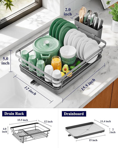 Kitsure Dish Drying Rack for Kitchen Counter, Stainless Steel Sink Organization and Storage Essentials with Cutlery Holder, Home and Appartment Decor, 12''W x 15.5''L, Grey