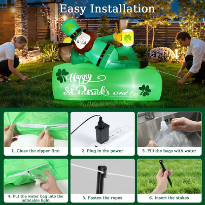 Lewondr 5.9FT St Patricks Day Inflatable Outdoor Decorations, Inflatable Leprechaun Lay on The Bed with Shamrocks, Blow up Yard Decoration with 6 Build-in Lights for Holiday Party Yard Lawn Garden