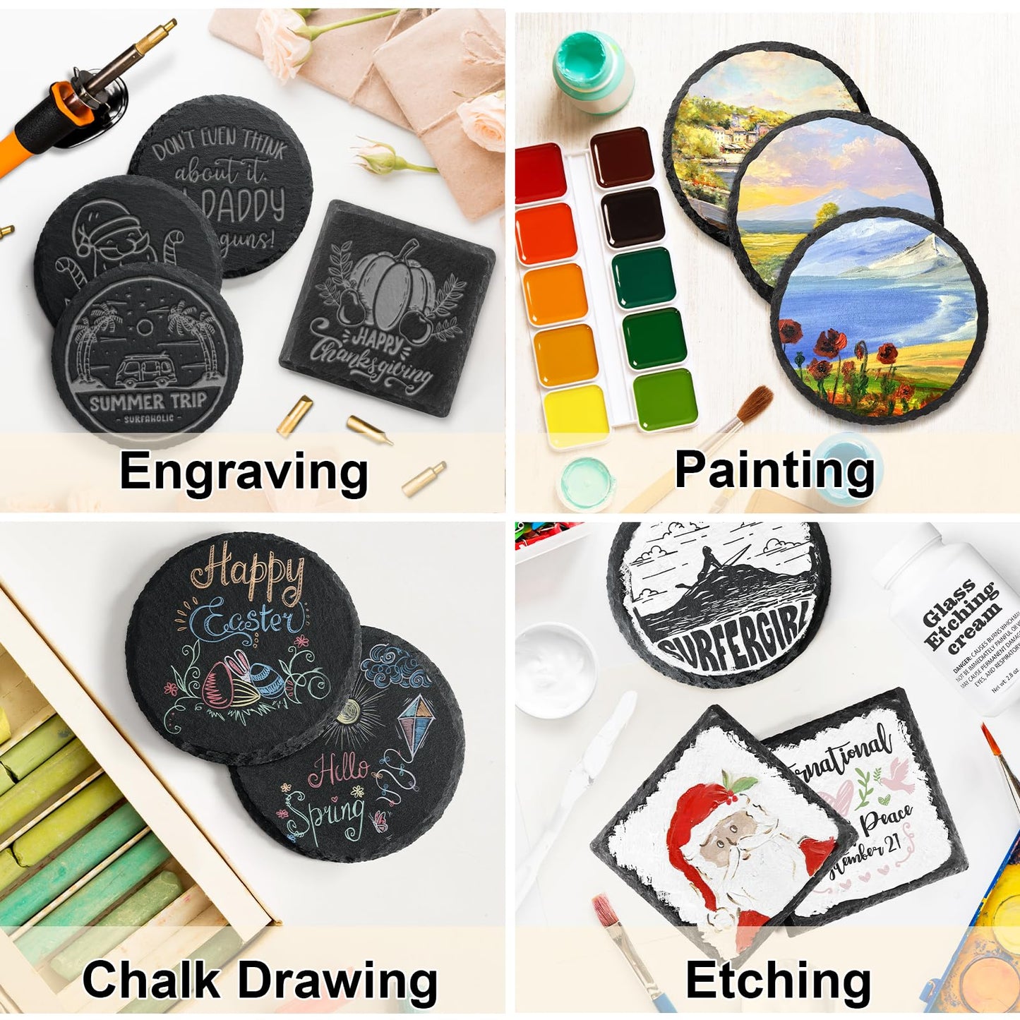 Slate Coasters with Holder, MAPRIAL 4 Inch Coaster Set of 12 Round Black Slate Stone DIY Coasters with Anti-Scratch Backing for Halloween Christmas, Bar, Kitchen, Home Decor, Gifts for Mom, Dad