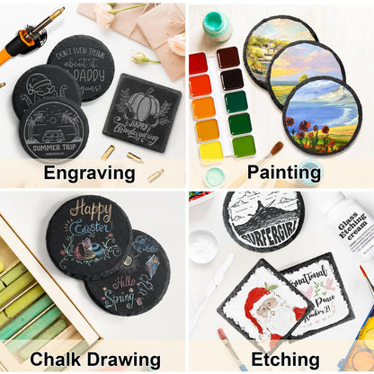 Slate Coasters with Holder, MAPRIAL 4 Inch Coaster Set of 12 Round Black Slate Stone DIY Coasters with Anti-Scratch Backing for Halloween Christmas, Bar, Kitchen, Home Decor, Gifts for Mom, Dad